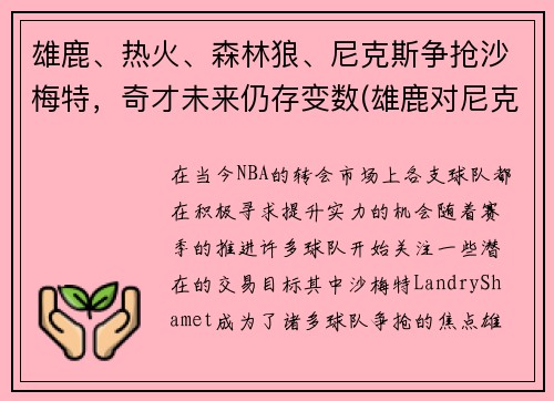 雄鹿、热火、森林狼、尼克斯争抢沙梅特，奇才未来仍存变数(雄鹿对尼克斯分析)