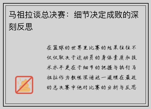 马祖拉谈总决赛：细节决定成败的深刻反思