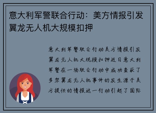 意大利军警联合行动：美方情报引发翼龙无人机大规模扣押