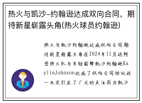 热火与凯沙-约翰逊达成双向合同，期待新星崭露头角(热火球员约翰逊)