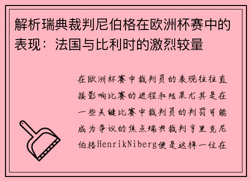 解析瑞典裁判尼伯格在欧洲杯赛中的表现：法国与比利时的激烈较量