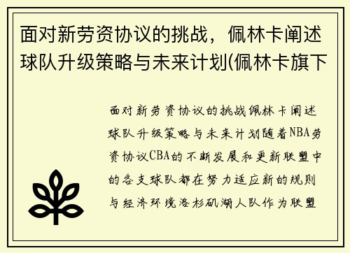 面对新劳资协议的挑战，佩林卡阐述球队升级策略与未来计划(佩林卡旗下球员)