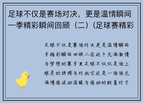 足球不仅是赛场对决，更是温情瞬间—季精彩瞬间回顾（二）(足球赛精彩视频)