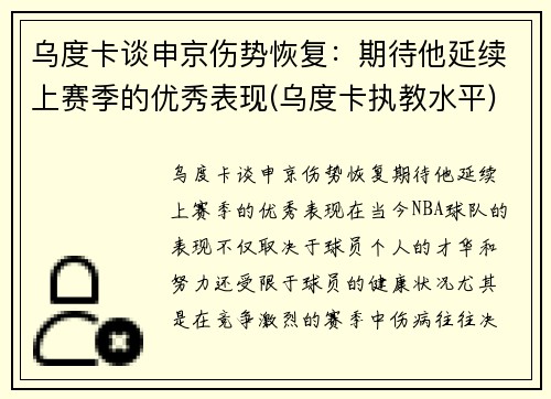乌度卡谈申京伤势恢复：期待他延续上赛季的优秀表现(乌度卡执教水平)