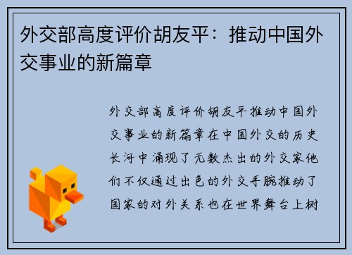 外交部高度评价胡友平：推动中国外交事业的新篇章