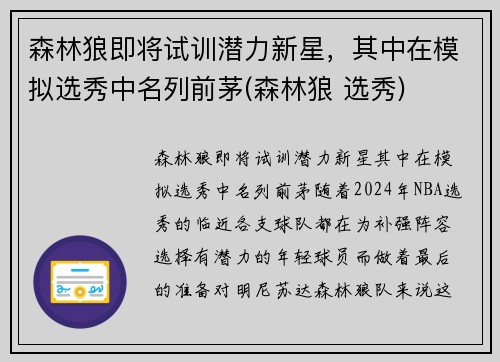 森林狼即将试训潜力新星，其中在模拟选秀中名列前茅(森林狼 选秀)