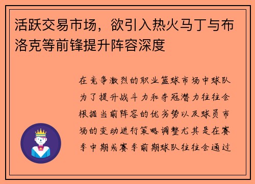 活跃交易市场，欲引入热火马丁与布洛克等前锋提升阵容深度