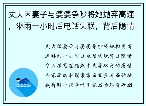 丈夫因妻子与婆婆争吵将她抛弃高速，淋雨一小时后电话失联，背后隐情令人深思