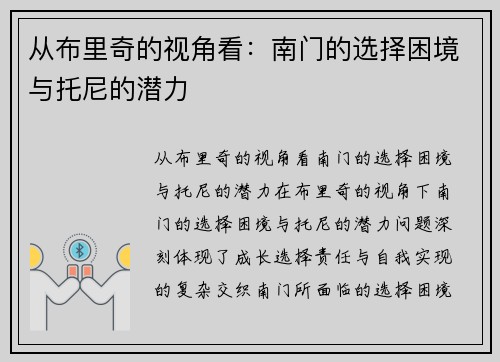 从布里奇的视角看：南门的选择困境与托尼的潜力