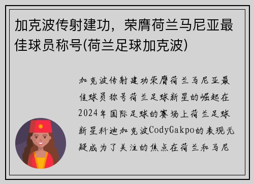 加克波传射建功，荣膺荷兰马尼亚最佳球员称号(荷兰足球加克波)