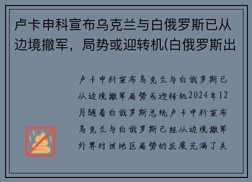 卢卡申科宣布乌克兰与白俄罗斯已从边境撤军，局势或迎转机(白俄罗斯出兵乌克兰)