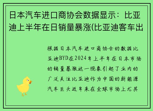 日本汽车进口商协会数据显示：比亚迪上半年在日销量暴涨(比亚迪客车出口日本)
