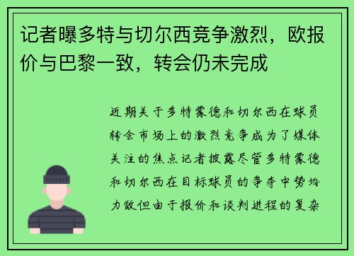 记者曝多特与切尔西竞争激烈，欧报价与巴黎一致，转会仍未完成