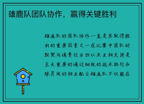 雄鹿队团队协作，赢得关键胜利